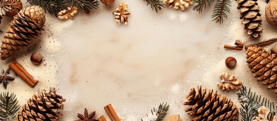 Poster - Festive greeting Background for New Year with cones nuts and cinnamon perfect for copy space image
