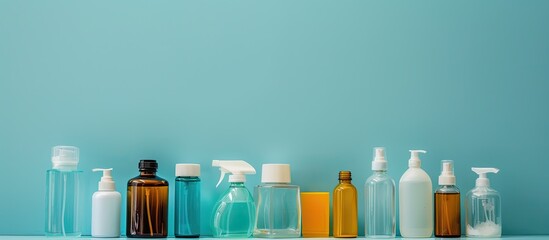 Aufkleber - Various bottles and spray containers are arranged neatly on the table against a blue background creating a composition with copy space image
