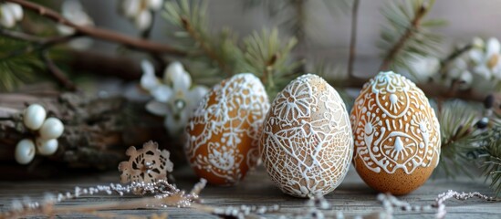 Poster - Easter eggs adorned with intricate lace designs perfect for a festive copy space image