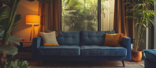 Sticker - Stylish living area with a cozy couch featuring a copy space image