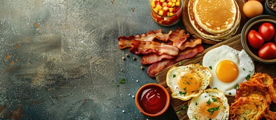Aufkleber - Top view of a wholesome American breakfast spread with eggs bacon pancakes and latkes with copy space image