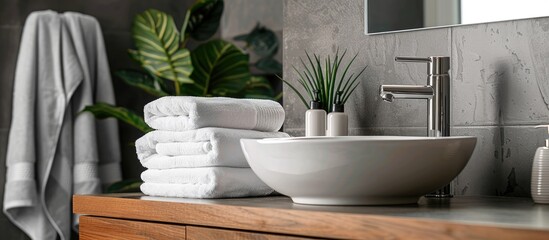 Aufkleber - Modern bathroom scene with clean white towels stacked neatly on a ceramic countertop providing a refreshing aesthetic with copy space image