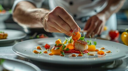 Poster - Chef carefully placing a garnish on a gourmet dish in a modern kitchen. Close-up view of a culinary expert creating a beautiful plate. The image showcases precision in food preparation. AI