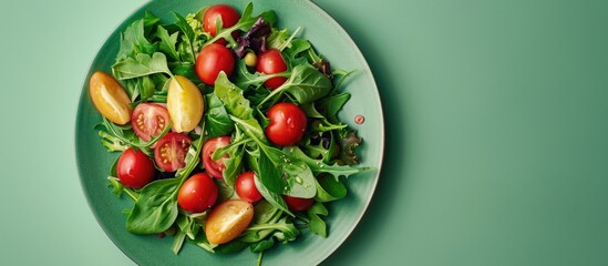 Poster - Salad ingredients beautifully arranged on a green plate symbolizing a healthy eating concept with copy space image