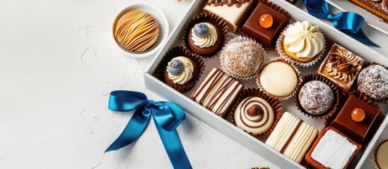 Poster - A variety of cakes in a white box with a blue ribbon and bow including honey cake Napoleon cake pigeon milk cake and chocolate rum balls Displayed on a light background with ample copy space image