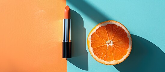 Poster - A minimalist flat lay featuring stylish cosmetics like an orange and a lipstick against a vibrant backdrop with room for text or images. Creative banner. Copyspace image