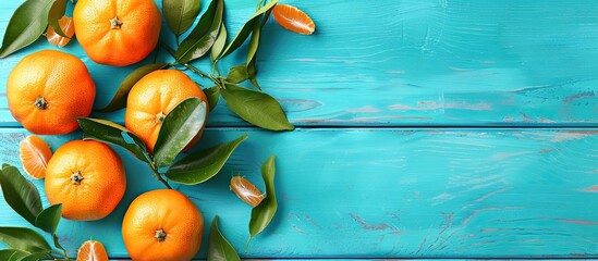Aufkleber - Top view of tangerines with leaves on a blue wooden table featuring copy space image