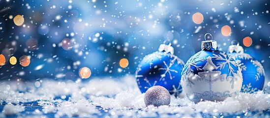 Poster - A festive blue and white Christmas ornaments are scattered on snow in an abstract background with a bright atmosphere featuring falling snow and a copy space image