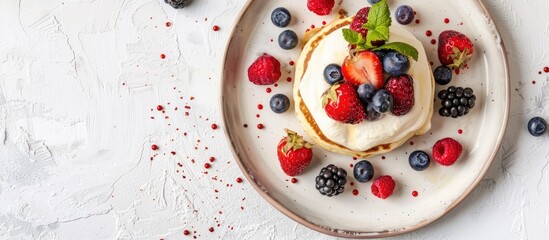 Aufkleber - Pancakes topped with berries and cream on a plate with copy space image