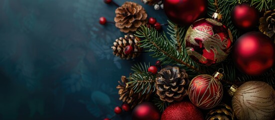 Wall Mural - Festive ornaments including Christmas balls and fir cones fill the copy space image