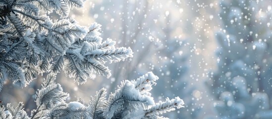 Aufkleber - Snow and frost cloak spruce branches creating a picturesque winter scene perfect for a Christmas themed image with a snow covered spruce branch and a wintry forest backdrop offering ample copy space