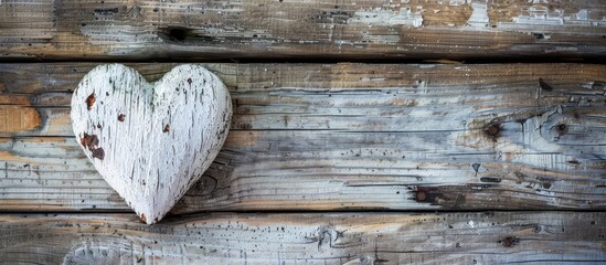 Poster - A weathered wooden surface with a heart decoration Focused shot with a space for text against the backdrop of the image. Creative banner. Copyspace image