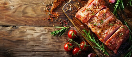 Poster - Wooden background with a raw pork meat piece and spice marinade suitable for cooking methods like grilling or stewing Copy space image available