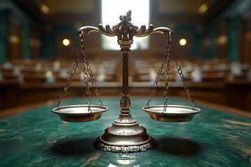 Scales of justice in the courtroom on blur background, symbolic illustration for law