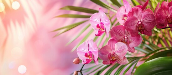 Poster - Orchid flowers and leaves beautifying color background with copy space image