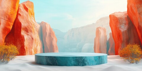 Sticker - A Circular Marble Pedestal Surrounded by Desert Cliffs and Sand