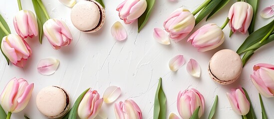 Poster - White background with pink tulips and macaron cookies features a copy space image