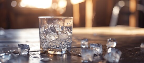 Poster - Glass with ice cubes on a table with copy space image