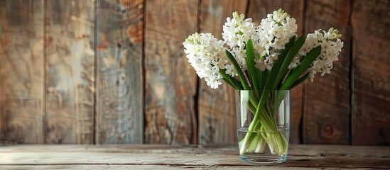 Poster - White hyacinths displayed in a transparent vase on a wooden table with a wood background providing substantial copy space image