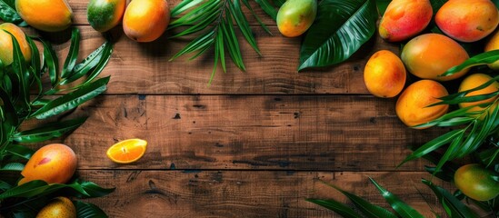 Aufkleber - Top view of tropical fruits like mango on a wooden backdrop with copy space image