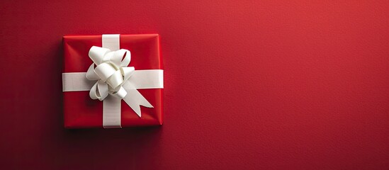Fototapete - A festive Christmas gift box with a white bow on a red backdrop creating a seasonal ambiance in the copy space image