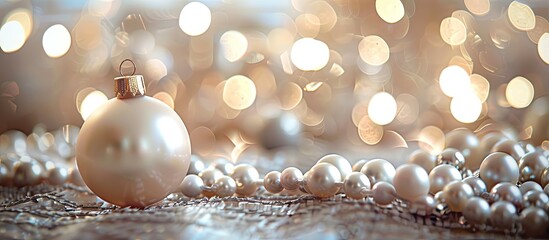 Poster - Shiny pearls adorn a Christmas ball creating an elegant and festive decoration against a copy space image