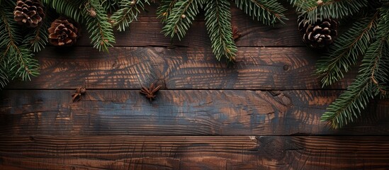 Poster - Wooden background with a Christmas tree branch provides an elegant copy space image