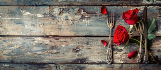 Poster - Vintage cutlery and a rose on a weathered wooden table make up the festive food background with room for a copy space image