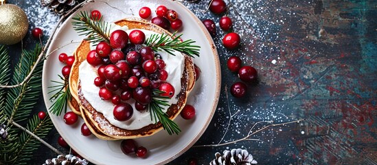 Wall Mural - Festive winter breakfast or brunch option cranberry pancakes topped with vanilla cream and fresh berries perfect for Christmas or New Year s with space for image placement. Creative banner