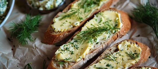 Poster - Sliced baguette topped with a spread of butter and dill with a blank space for adding an image. Creative banner. Copyspace image