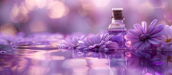 Poster - Violet flowers and a vial of essential oil create a serene spa ambiance in the background ideal for a copy space image