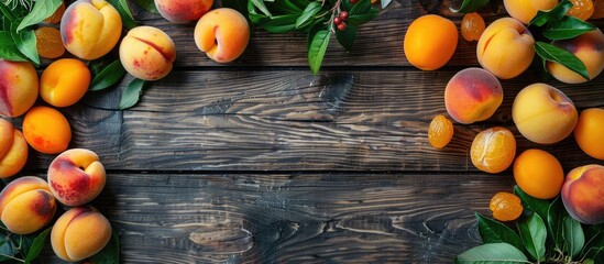 Aufkleber - Fresh apricots displayed with leaves on a wooden surface providing copy space image along with other diverse summer fruits all seen from above