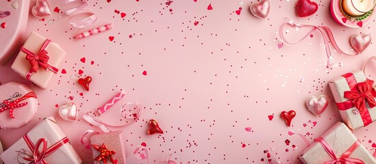Leinwandbilder - Valentine s Day themed picture with gifts candles and confetti on a pink background Top view with ample copy space for a postcard or message