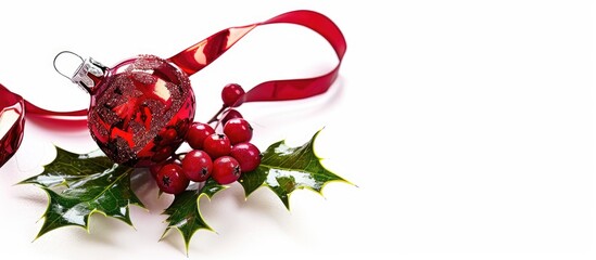 Poster - A gleaming red jingle bell adorned with a holly sprig ribbon set against a white background perfect for a copy space image