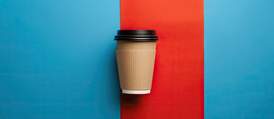 Aufkleber - Minimalistic top view image of an empty paper coffee cup on a blue and red backdrop with ample copy space