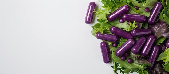 Poster - Health pills concept featuring purple capsules and salad on a white background with copy space image