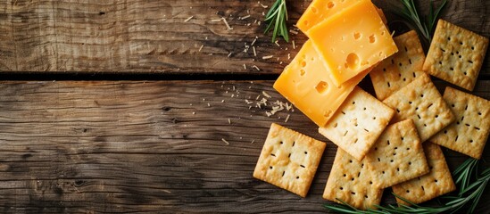 A rustic background enhances an overhead shot of water crackers and cheddar cheese with a free copy space image