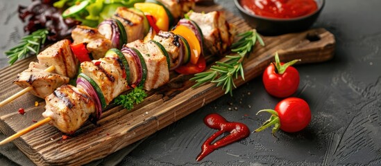 Aufkleber - Pork shashlik with grilled veggies salad and ketchup on a wooden board in a picturesque setting with copy space image