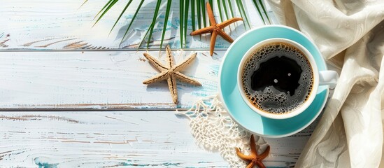 Poster - Vacation and relaxation concept with a cup of coffee on a wooden white background perfect for a copy space image