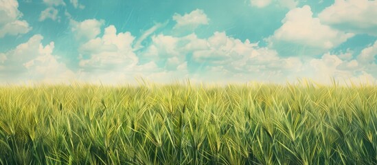 Poster - Lush green wheat field with a rustic agricultural texture featuring a serene outdoor scene under a vibrant blue sky ideal for a copy space image