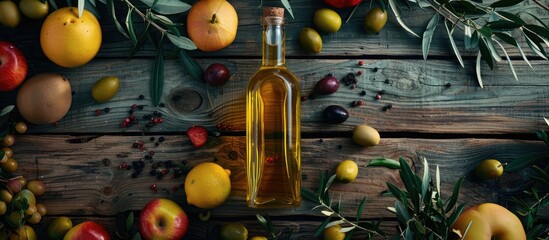 Aufkleber - Healthy food concept with a bottle of extra virgin olive oil displayed on a wooden table adorned with fruits and tree leaves creating an appealing copy space image