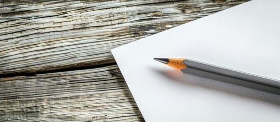 Fototapete - Wooden background with a white paper and a gray pencil with copy space image