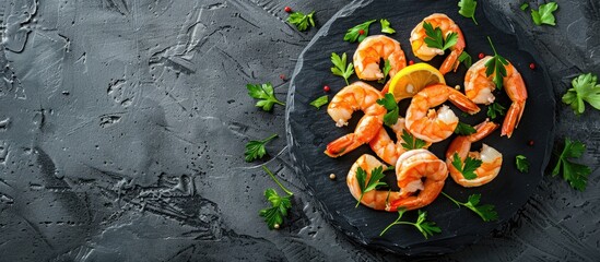 Poster - Seafood dish of cooked shrimp with parsley and lemon on a sleek black stone plate captured from above with a blank space suitable for adding text or images. Creative banner. Copyspace image