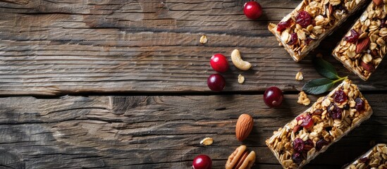 Sticker - A selection of granola bars with nuts cereals and cranberries is arranged on a wooden table It is a healthy vegan snack option The top view showcases the bars with space for additional content