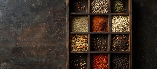 Poster - Overhead shot showcasing a variety of spice seeds and powders in a wooden box Plenty of space for adding text or graphics in the image. Creative banner. Copyspace image