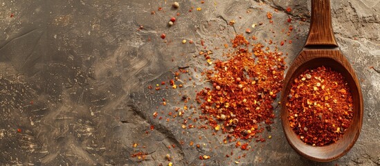 Poster - Wooden spoon filled with crushed paprika displayed on a stone table with ample copy space for customization in the image