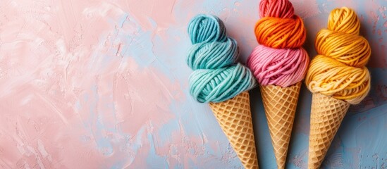 Poster - Engage in a soothing pastime creating vibrant yarn waffle cones with organic cotton Relax and unwind with this comforting hobby to alleviate stress Copy space image