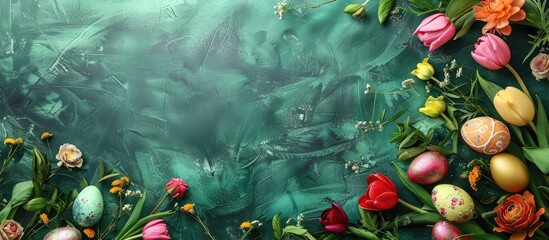 Aufkleber - A festive Easter table arrangement with eggs and flowers displayed on a green surface in a top down view allowing for text in the empty area of the image. Creative banner. Copyspace image