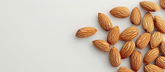 Aufkleber - An overhead shot of almond nuts stacked on a white surface with room for text or graphics such as a copy space image