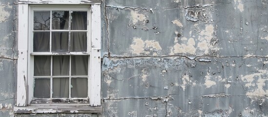 Poster - The house s gray wall shows cracks from substandard construction creating a distressed appearance in the copy space image